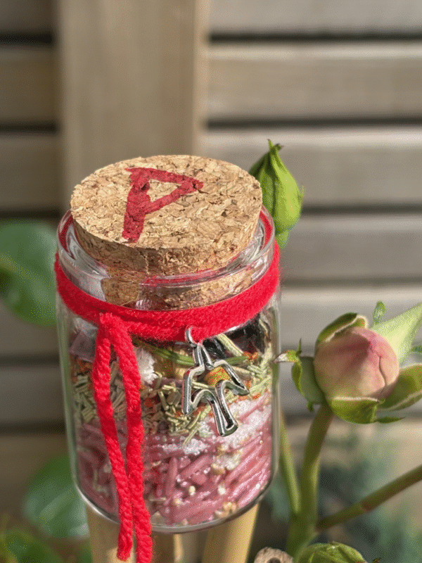 Love Spell Jar with red thread, Thurisaz rune, and bird charm – Mistwillow