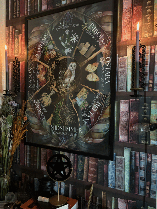 Wheel of the Year print with sabbats and seasonal symbols – Mistwillow wall art