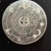 Selenite charging disc with lunar mandala engraving, 10x10 cm, with natural internal cracks and variations