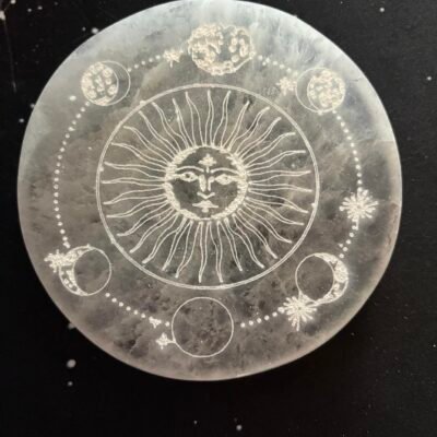 Selenite charging disc with lunar mandala engraving, 10x10 cm, with natural internal cracks and variations