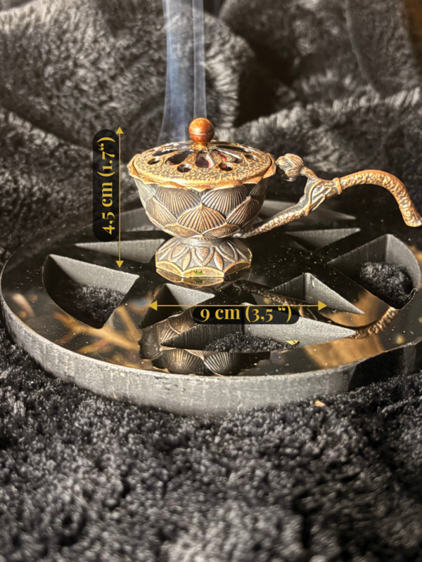 bronze incense burner with dimensions 9 cm wide and 4.5 cm high, cone incense holder for rituals and cleansing