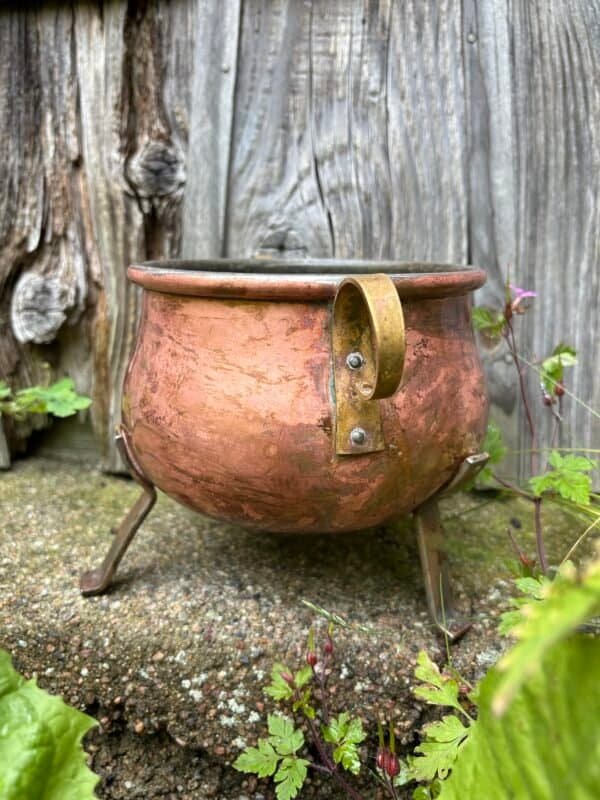Vintage copper cauldron with brass handles and tripod legs, displayed outdoors against a rustic wooden background with green foliage.