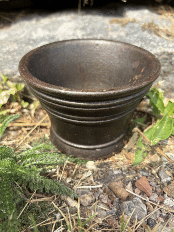 Close-up of an aged cast iron cauldron with ritual herbs and flowers, perfect for witchcraft and spellwork.