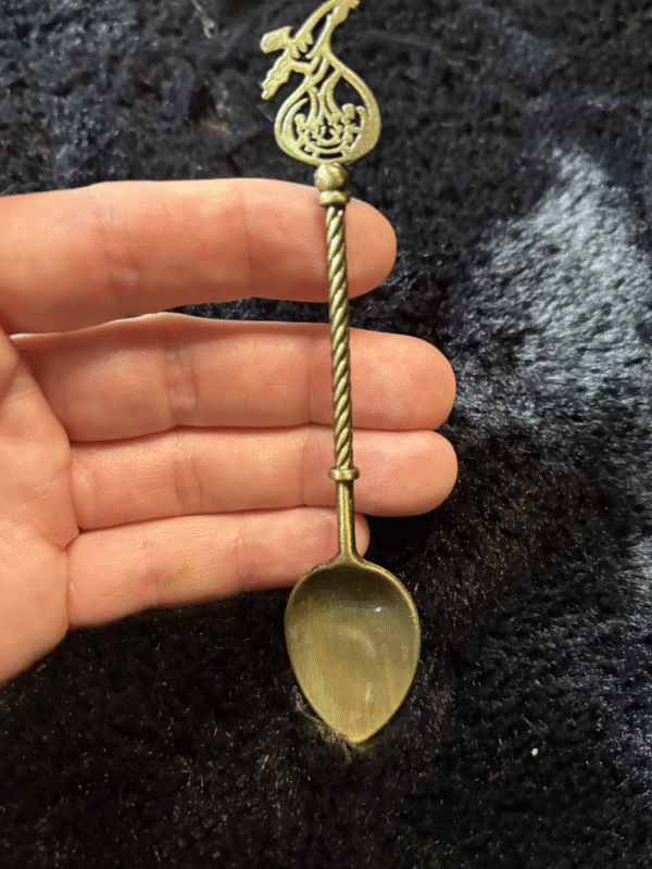 Soft gold ritual spoon with pear-shaped symbol – mystical spoon for herbs, teas, and altar rituals