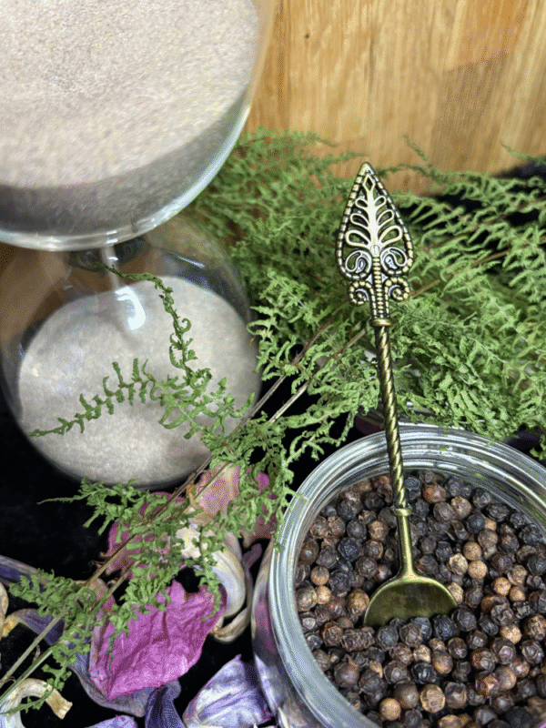 Soft gold ritual spoon with large oval symbol – mystical spoon for herbs, teas, and altar rituals