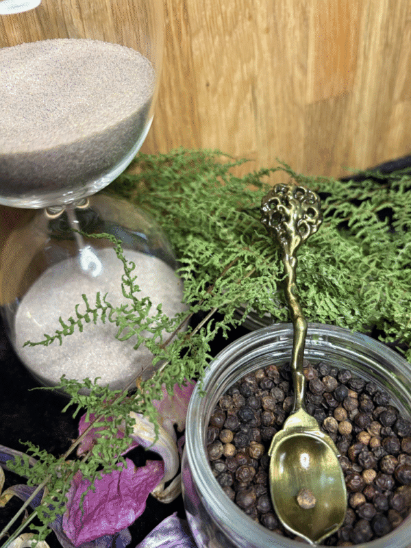 Soft gold ritual spoon with Tree of Life symbol – mystical spoon for herbs, teas, and altar rituals