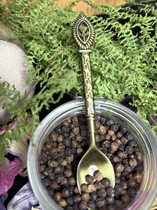 Soft gold ritual spoon with oval symbol – mystical spoon for herbs, teas, and altar use