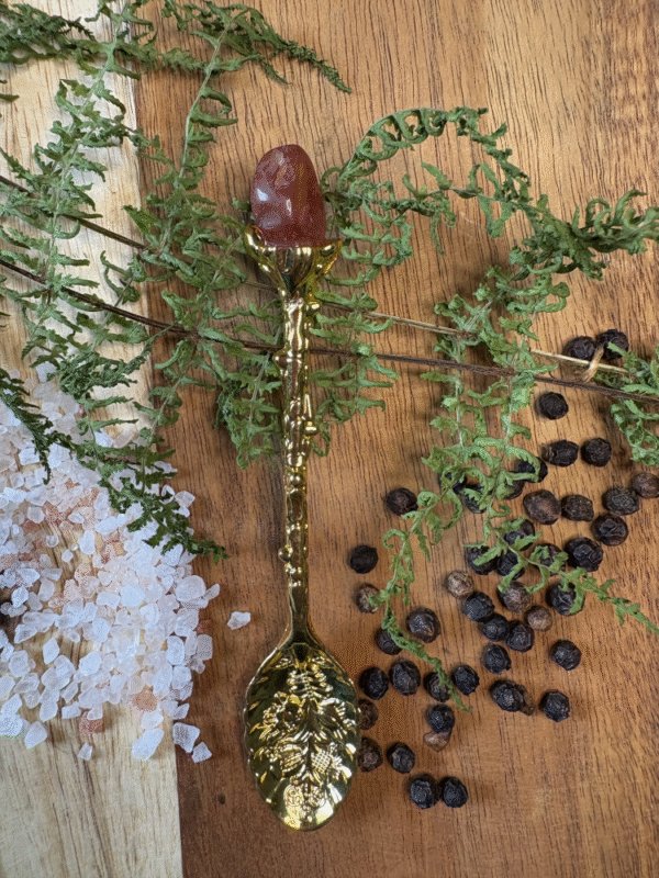 Gold ritual spoon with red crystal – witchcraft spoon for herbs, teas, and altar rituals