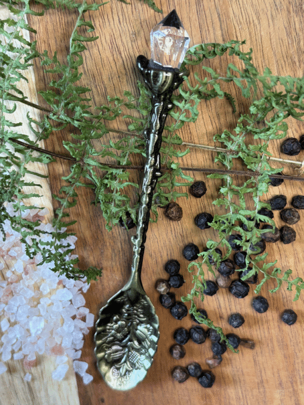 Soft gold ritual spoon with clear crystal – mystical spoon for herbs, teas, and altar rituals