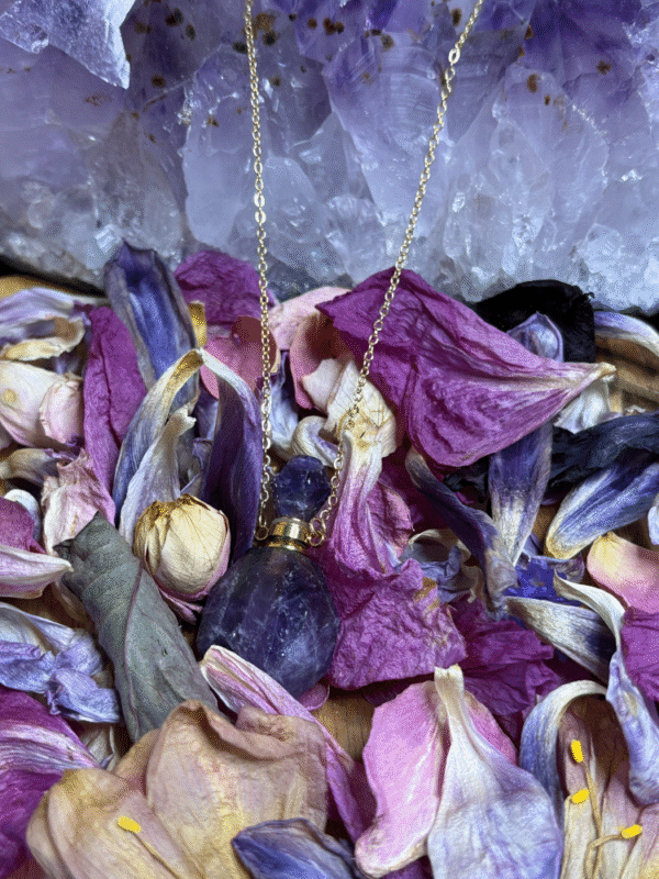 Dark purple amethyst crystal bottle necklace with gold chain – calming oil pendant for peace and relaxation