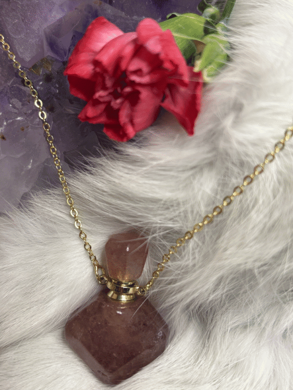 Carnelian crystal bottle necklace with gold chain – courage and passion oil pendant for vitality and confidence