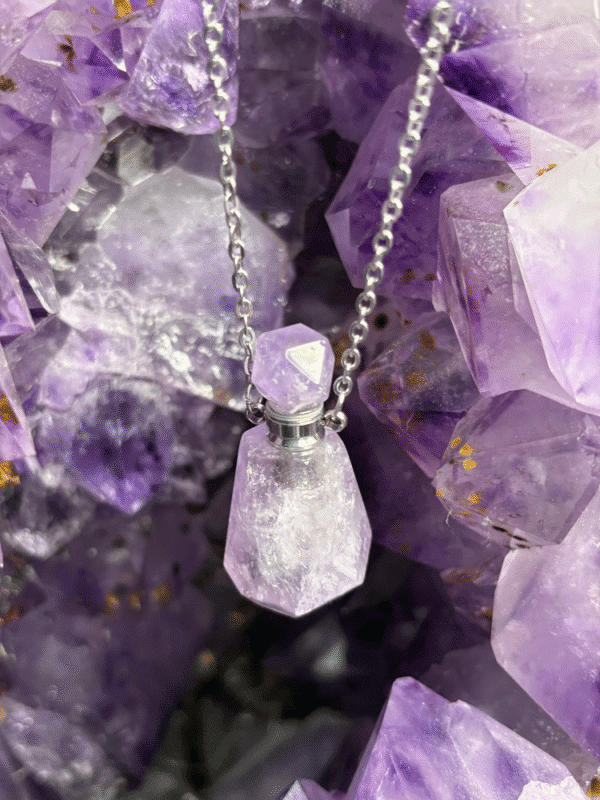 Light purple amethyst crystal bottle necklace with silver chain – calming oil pendant for tranquility and balance