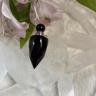 Obsidian crystal perfume bottle pendant – filled with protective intention oil, pocket charm or necklace