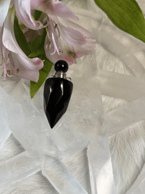 Obsidian crystal perfume bottle pendant – filled with protective intention oil, pocket charm or necklace