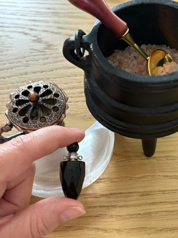 Obsidian crystal perfume bottle pendant – filled with protective intention oil, pocket charm or necklace