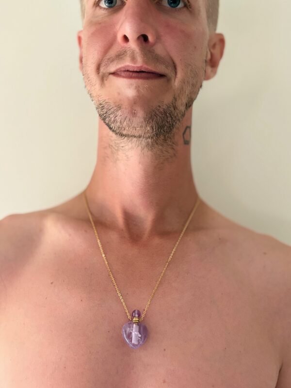 Light purple amethyst crystal bottle necklace with silver chain – calming oil pendant for tranquility and balance