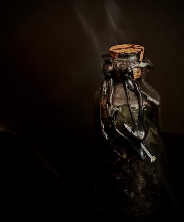 Protection spell jar sealed in black wax with nail and Algiz rune – dark ritual magic by Mistwillow