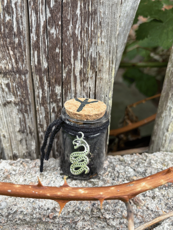 Protection Spell Jar with black thread, Tiwaz rune and serpent charm – Mistwillow