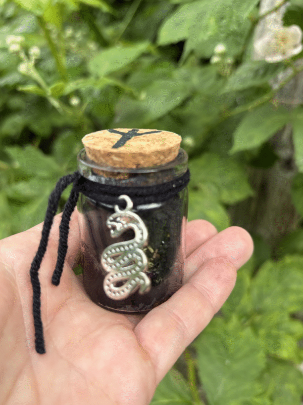 Protection Spell Jar with black thread, Tiwaz rune and serpent charm – Mistwillow
