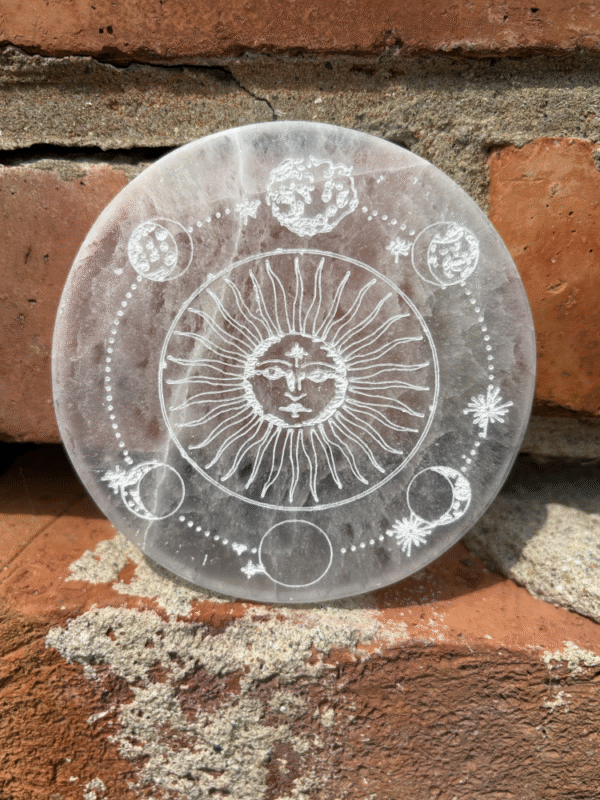 Selenite charging disc with lunar mandala engraving, 10x10 cm, with natural internal cracks and variations