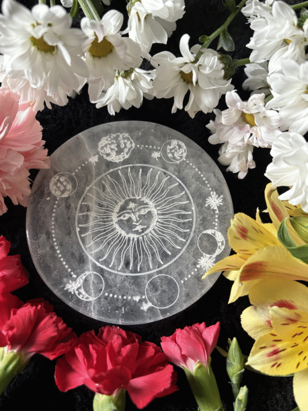 Selenite charging disc with lunar mandala engraving, 10x10 cm, with natural internal cracks and variations