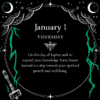 Inside view of the 2026 witch’s calendar showing moon phases, magical quotes, and space for daily notes.