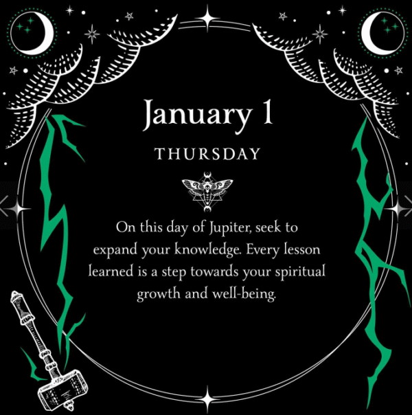 Inside view of the 2026 witch’s calendar showing moon phases, magical quotes, and space for daily notes.