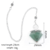 Green resin crystal pendulum with copper spiral and Tree of Life charm, shown with measurements: 42mm tall, 29mm wide, 29cm chain
