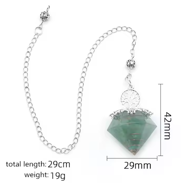 Green resin crystal pendulum with copper spiral and Tree of Life charm, shown with measurements: 42mm tall, 29mm wide, 29cm chain