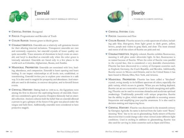 Crystal pages from Crystal Magick book featuring properties of Emerald and Fluorite