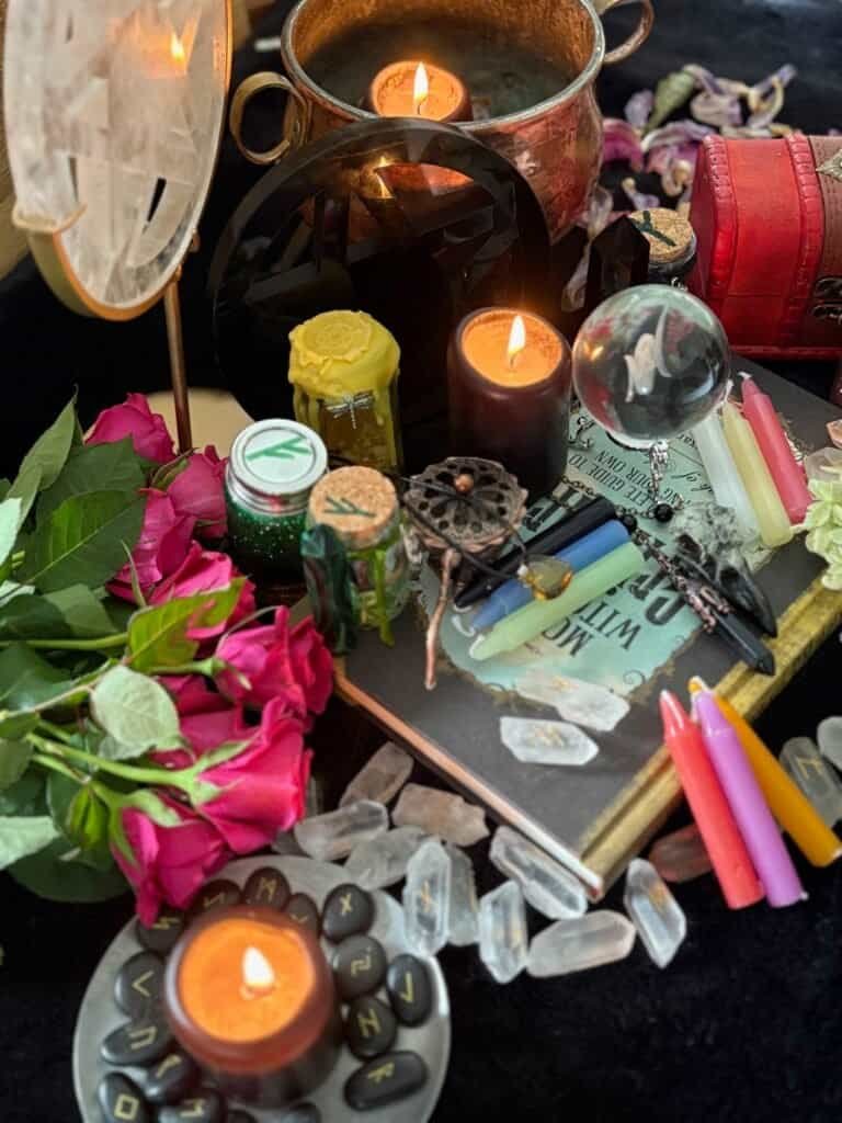 An enchanting witchcraft altar with candles, spell jars, runes, roses, crystals, and magical tools arranged on a black velvet cloth.