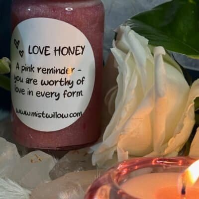 Love Honey jar with white rose and candle – Mistwillow ritual honey for attraction, romance, and self-love.